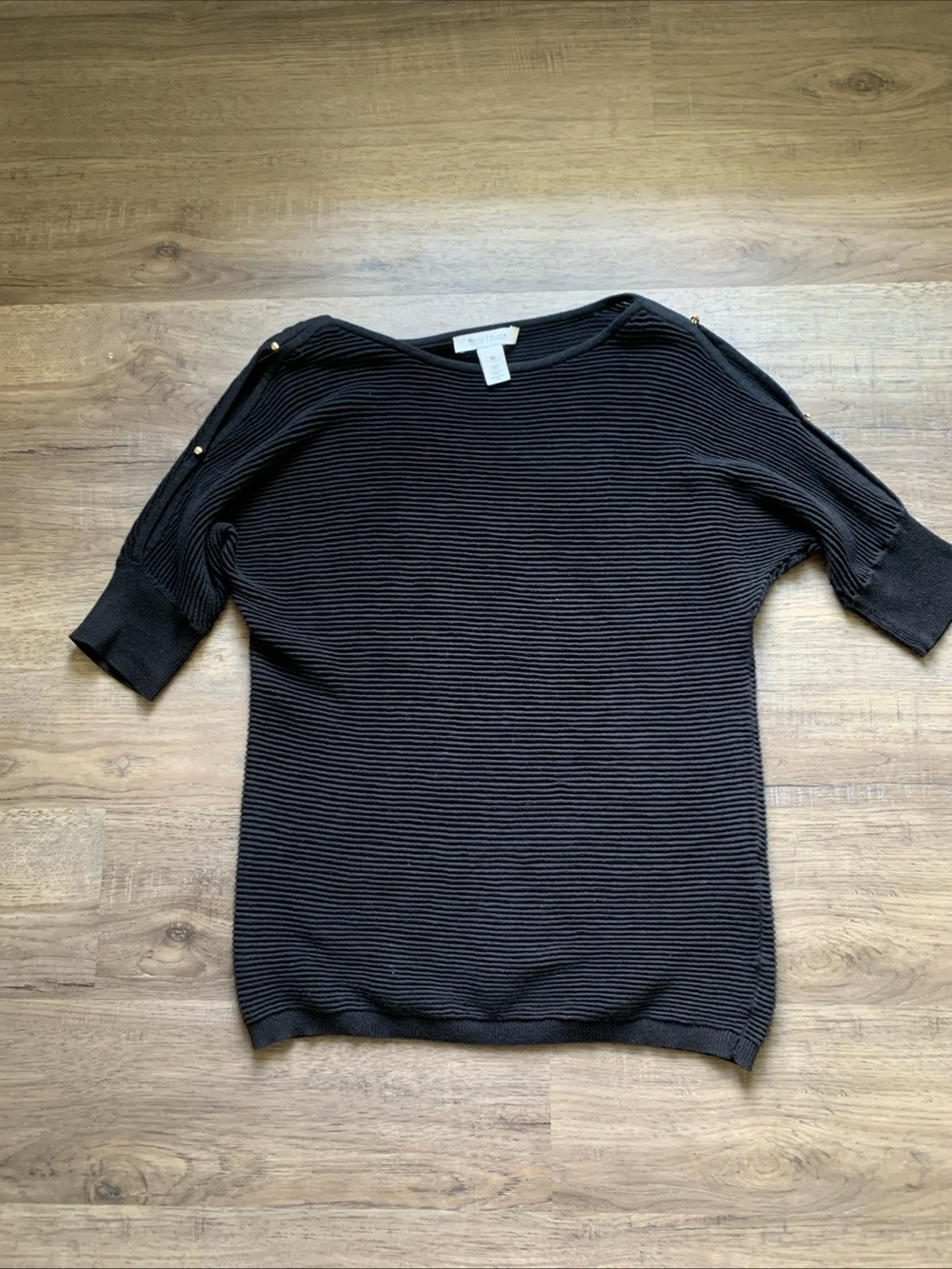 White House Black Market Black Ribbed Boatneck Sweater with Cold Shoulder